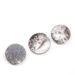 Three round rose cut lab grown salt and pepper diamonds with black and white galaxy inclusions on white background, rustic ethical conflict free loose diamonds for engagement ring or custom jewelry.