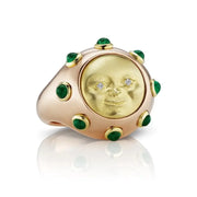 Celestial Moon Face Ring with Round Lab Grown Diamonds & Emerald Cabochons in Gold, Artistic Statement Ring