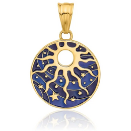 Celestial Blue Enamel Sun & Stars Pendant Necklace in Universal Energy Yellow Gold Everyday Necklace