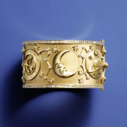 Celestial Lab Grown Diamond and Gold Cuff Bracelet with Moon & Star Motif, Luxury Wide Statement Jewelry