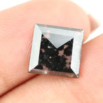 Square cut lab grown diamond with dramatic black and white salt and pepper galaxy inclusions in a geometric cut, showcasing a unique natural-looking pattern ideal for custom engagement rings or statement jewelry.