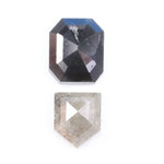 Natural black octagon-cut diamond and shield-cut salt-and-pepper diamond displayed on white background, showing unique inclusions and rustic faceting details.