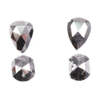 Natural salt and pepper rose cut diamond set featuring pear, kite, and cushion shapes with gray inclusions, rustic natural diamond gemstones for custom engagement rings and fine jewelry making.