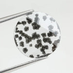 Round faceted lab grown diamond with distinctive black inclusions creating a salt and pepper effect inside a clear polished gemstone