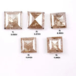 Five square step cut champagne lab grown diamonds with galaxy salt and pepper inclusions, pyramid faceting, and rustic brown tones displayed on a white background.