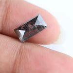 Rectangular step cut lab grown diamond featuring bold black salt and pepper inclusions with mirror-like facets and a modern geometric shape