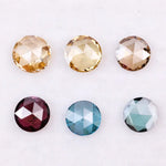 Set of six round rose cut lab grown diamonds in yellow, champagne, blue and red fancy colors, flat cut loose stones for custom jewelry making.