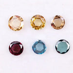 Set of six round rose cut lab grown diamonds in yellow, champagne, blue and red fancy colors, flat cut loose stones for custom jewelry making.