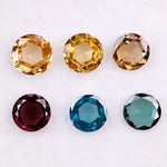 Set of six round rose cut lab grown diamonds in yellow, champagne, blue and red fancy colors, flat cut loose stones for custom jewelry making.