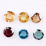 Set of six round rose cut lab grown diamonds in yellow, champagne, blue and red fancy colors, flat cut loose stones for custom jewelry making.