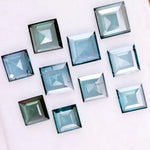 Square step cut blue lab grown diamonds in fancy light teal color, calibrated loose stones for custom fine jewelry design