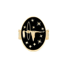 Yellow Gold Black Enamel Celestial Ring with Lab Grown Diamond Stars & Aerial Hoop Motif, Artistic Ring