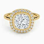 Vintage sapphire Yellow Gold Cushion Diamond Ring engagement ring in custom gold design.
