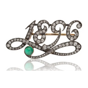 Antique 1896 Of Lab Grown Diamond & Emerald Brooch in Silver Gold, Victorian Commemorative Vintage Brooch Pin