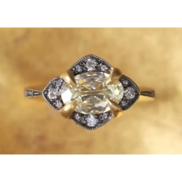 Oval Old Mine Lab Grown Diamond Ring in 18K Yellow Gold & Silver, Antique Kite Halo Engagement Ring