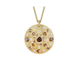 Brown and White Lab Grown Diamond Disc Pendant Necklace in 18K Yellow Gold, Textured Gold Round Necklace Gift