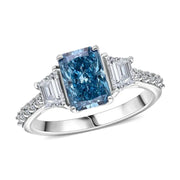 Radiant Cut Blue Lab Grown Diamond Three Stone Ring in 18K White Gold, Engagement or Anniversary Ring Gift