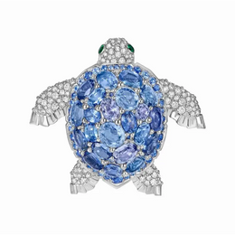 Exquisite Turtle Brooch with Blue Sapphires - Lab Grown Diamond Accents & Emerald Eyes in White Gold