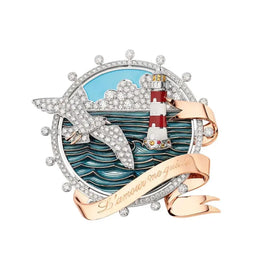Lab Grown Diamond Lighthouse & Seagull Brooch with Enamel and Rose Gold Ribbon, Nautical Art Brooch