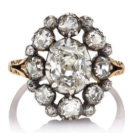 Antique Old Mine Rose Cut Lab Grown Diamond Cluster Ring in 18K Gold & Silver, Victorian Engagement Ring