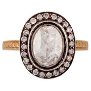 Antique Oval Cut Lab Grown Diamond Halo Ring in 18K Yellow Gold & Silver, Vintage Victorian Engagement Ring
