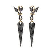 Arrow Heart Black Natural Diamond Drop Earrings in Yellow Gold, Modern Statement Earrings for Women