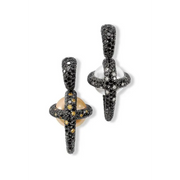 Black Natural Diamond and Pearl Planet Earrings in 18K Gold, Modern Artistic Pavé Drop Statement Earrings