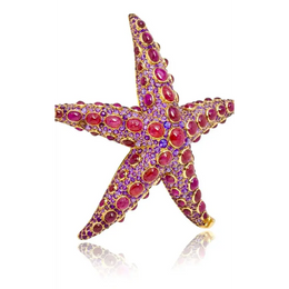 Luxury Starfish Brooch in Yellow Gold with Cabochon Rubies & Pink Sapphire Gem Accents in Brooch