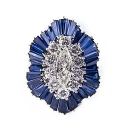 Marquise, Round Lab Grown Diamond & Blue Sapphire Halo Brooch in White Gold Brooch
