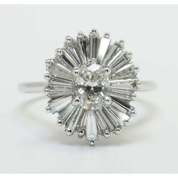 Starburst Tapered Baguette Lab Grown  Diamond Cluster Ring in 18K White Gold, Vintage Round Cut Engagement Ring