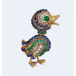 Vintage Duckling Bird Brooch with Lab Grown Diamond Brooch, Sapphires & Emeralds in 18K Yellow Gold Brooch