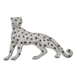 Panther Lab Grown Diamond Brooch with Emerald Eyes & Natural Black Accents in White Gold Luxury Brooch