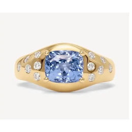 Cushion Blue Sapphire and Lab Grown Diamond Ring in 18K Yellow Gold, Modern Engagement or Anniversary Ring