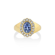 Oval Blue Sapphire Halo Ring in 18K Yellow Gold, Lab Grown Round Diamond Accent Engagement Ring