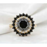 Round Black Narural and White Lab Grown Diamond Halo Ring in 14K Yellow Gold, Vintage Cluster Engagement Ring