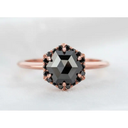 Octagon Black Diamond Engagement Ring in 14K Rose Gold, Unique Vintage Bridal Ring for Women