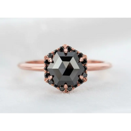 Octagon Black Diamond Engagement Ring in 14K Rose Gold, Unique Vintage Bridal Ring for Women
