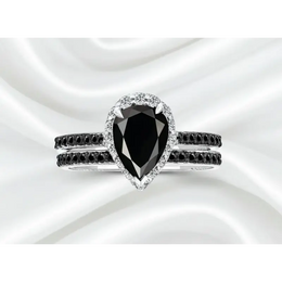 Pear Cut Black Natural Diamond Halo Ring in White Gold, Double Band Engagement Ring for Women