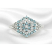 Blue and White Lab Grown Diamond Cluster Ring in 14K White Gold, Hexagon Style Halo Engagement Ring