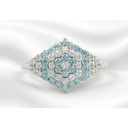 Blue and White Lab Grown Diamond Cluster Ring in 14K White Gold, Hexagon Style Halo Engagement Ring