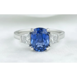 Cushion Blue Sapphire Ring with Trillion Lab Grown Diamonds Engagement Ring for Women