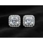 Asscher Cut Halo Lab Grown Diamond Stud Earrings in 14K White Gold, Elegant Bridal Jewelry Gift for Her