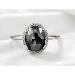 Oval Cut Black Natural Diamond Halo Ring in White Gold, Engagement Ring for Women, Unique Gift