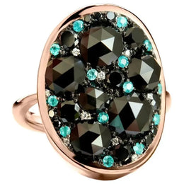 Black and Blue Natural Diamond Cluster Ring in 14K Rose Gold, Modern Art Deco Statement Ring