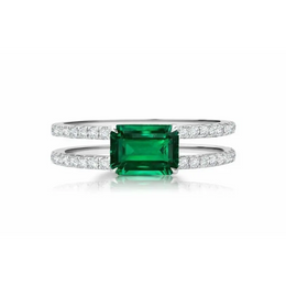 Emerald Cut Green Lab Created Emerald Diamond Split Band Ring in White Gold, Elegant Engagement Ring