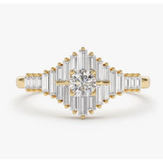 Round and Baguette Cut Lab Grown Diamond Cluster Ring in 18K Yellow Gold, Art Deco Engagement Ring