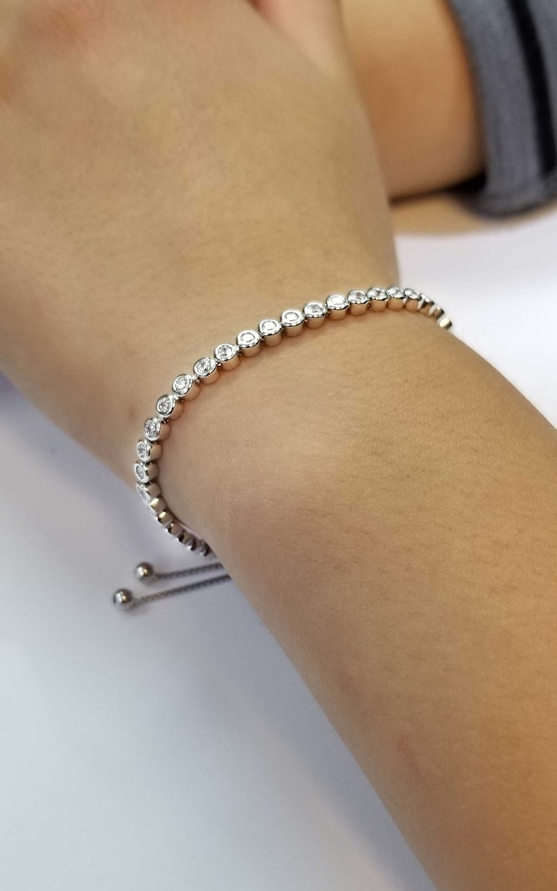 Round Simulated Diamond Bracelet Elegant Sterling Silver Bezel Set Tennis Adjustable Bracelet For Wedding Gift - Jay Amar Gems
