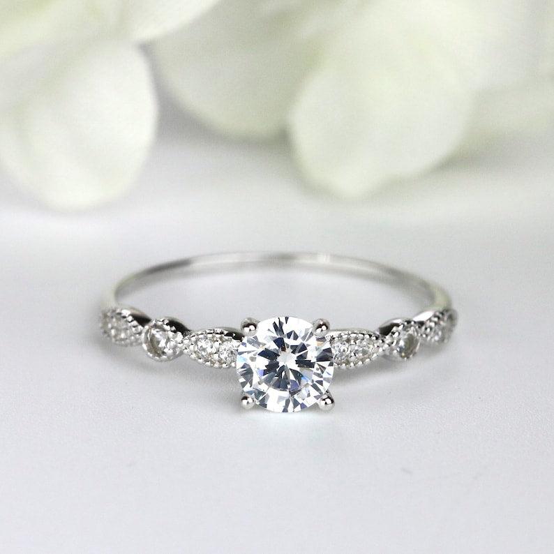 Round Cut Sterling Silver Engagement Ring with Milgrain Detailing, Promise Ring - Jay Amar Gems