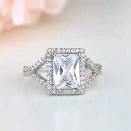 Emerald Cut Simulated Halo Ring in Sterling Silver, Promise Ring, Anniversary Ring, Gift for Her