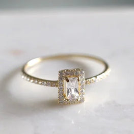 Dainty Gold Plated Baguette Halo Ring, Vintage Engagement Ring, Sterling Silver Baguette Diamond Engagement Ring, Promise Ring, Anniversary Ring